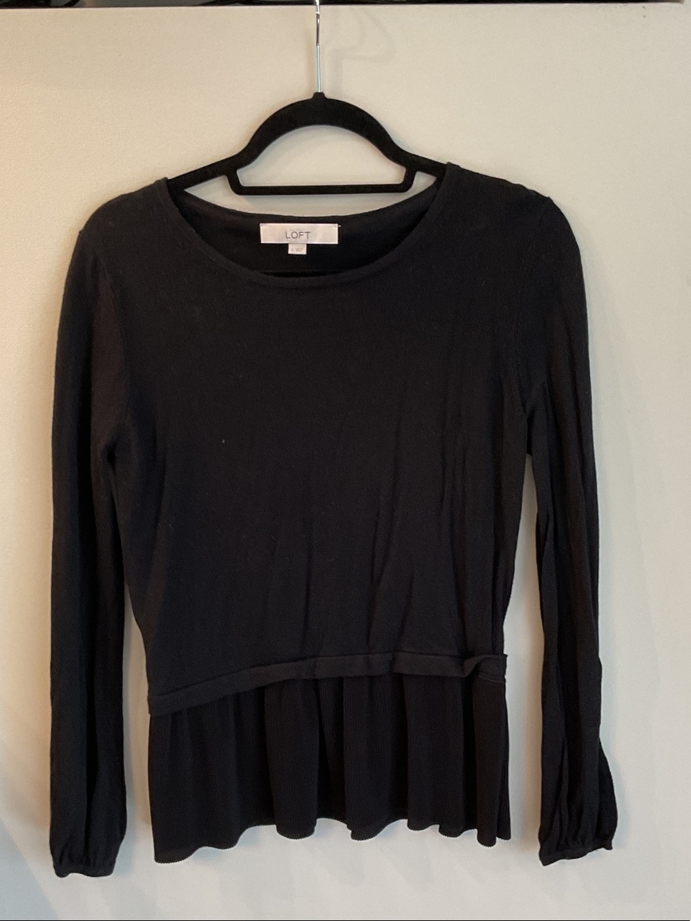 LOFT Black Long-Sleeve Peplum Top with Crew Neck